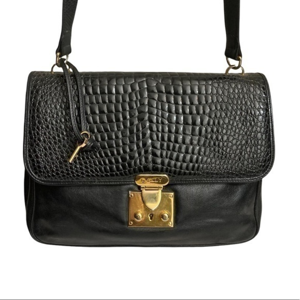Bally black embossed leather crossbody messenger bag